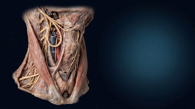Cervical anatomy showing cranial and cervical nerves, vagus nerve, spinal vessels and deep neck structure view