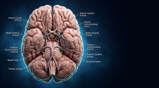 Circle of Willis anatomy showing cerebral arteries, communicating vessels, basilar and vertebral arteries view