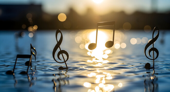 Musical Notes Floating on Serene Water Surface During Golden Hour Sunset Reflection for Artistic Symphony and Melodic Harmony Concept
