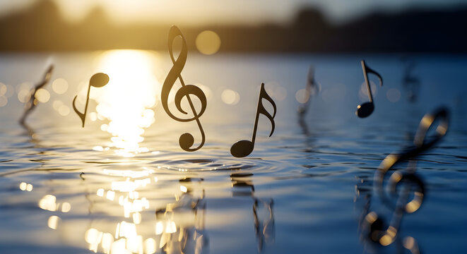Floating Musical Notes Over Serene Lake Waters at Golden Hour for Melodic Harmony and Artistic Creative Sound Composition Background Concept