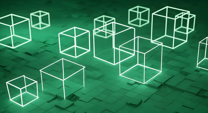 Abstract Digital Background Featuring Glowing Neon Wireframe Cubes Floating Over A Futuristic Green Geometric Textured Surface
