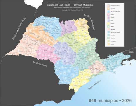 Mapa do Estado de S&atilde;o Paulo vetorizado com divisas municipais e limites das cidades