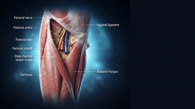 Femoral triangle anatomy showing femoral nerve, artery, vein, sheath, lymph nodes and inguinal ligament guide.
