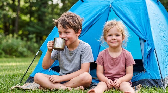 Happy caucasian children enjoying a tent adventure while camping in backyard on a sunny day. Smiling brother and sister relaxing near blue shelter and drinking water from metal cup.