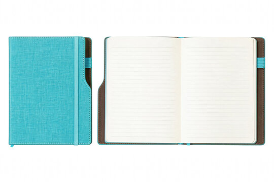 Turquoise Fabric Covered Notebook with Lined Pages Shown Open and Closed