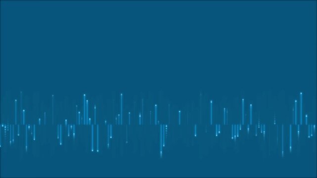 Abstract digital audio waveform with blue light vertical glowing particles moving across dark screen background motion loop.