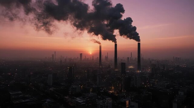 Industrial Landscape with Polluting Factory Smokestacks at Sunset.