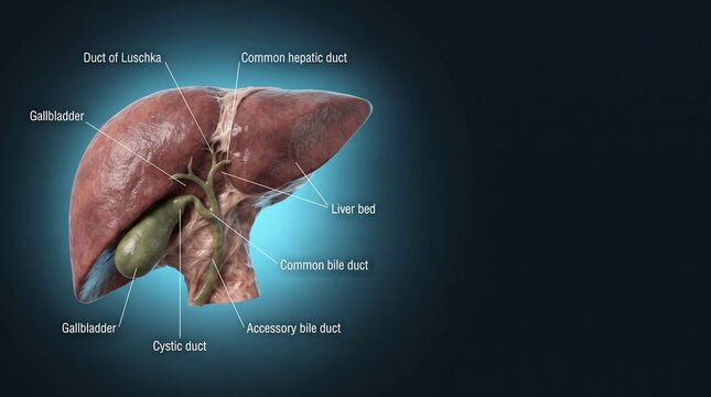 Anatomical illustration of human liver with labeled bile ducts and gallbladder