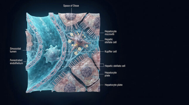 Detailed illustration of liver histology showing hepatocytes, sinusoids and cellular components