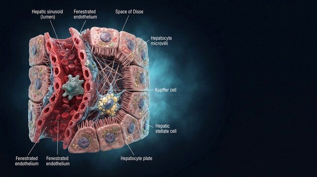 Illustration showing detailed structure and components of liver tissue including hepatocytes, sinusoids, Kupffer cells, endothelium