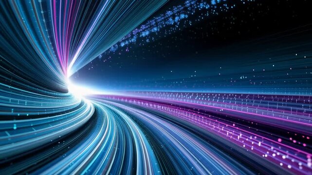 Abstract blue and purple light trails forming futuristic digital data flow background