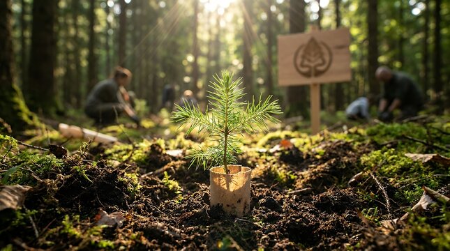 Tender evergreen needle tree seedling emerging from the soil in a woodland sunlit gap environmental restoration and ecological conservation theme pine tree sapling growing forest clearing natural