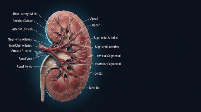 Anatomical illustration showing detailed structure and labeled parts of a human kidney