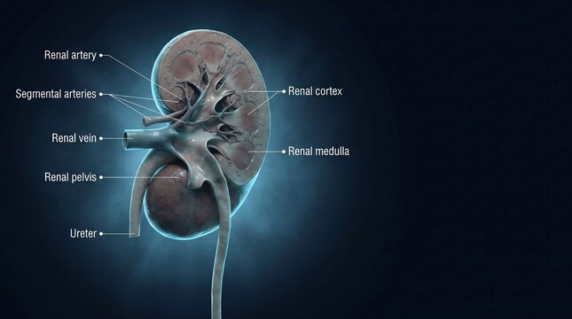 Detailed anatomical illustration highlighting kidney structures including renal artery, vein, cortex, medulla and ureter