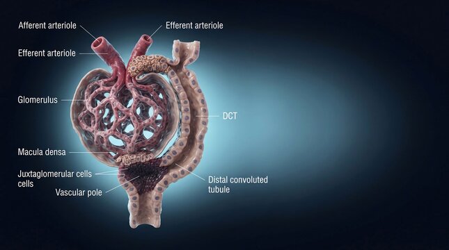 Anatomical illustration showing detailed structure of a nephron with labeled parts