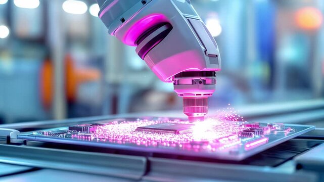 Precision robotic arm soldering microchip on circuit board. Automated electronics manufacturing process in high-tech facility. Close-up panning shot.