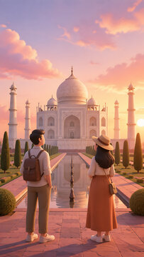 Tourist couple admiring Taj Mahal during sunset in Agra, India, 3D illustration