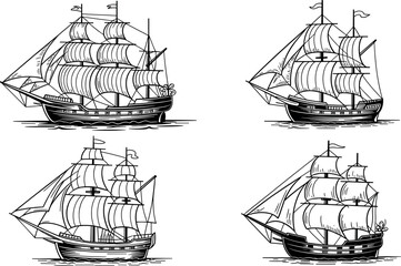 Vintage sailing ship vector illustration set featuring black silhouette and line art tall ships on ocean waves for concepts © Raju