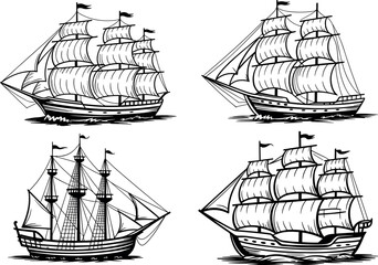 Vintage sailing ship vector collection featuring detailed line art tall ships, pirate vessels, galleons, and nautical ocean sailing concepts © Raju