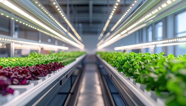 Vertical indoor farm with hydroponic green and red lettuce.