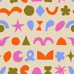 Obraz premium Mixed abstract shape scatter seamless repeat on a solid ground. Modern Playful Surface Pattern Design with a bold, retro-groovy character. Ideal for kids, contemporary textile, wallpaper, stationery