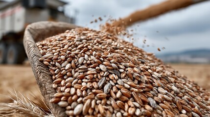 Obraz premium Golden wheat grains spill into a heap. Machine pours harvest against a muted sky.