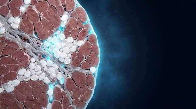 Cross-section view of muscle tissue with adipose cells and connective fibers against dark background