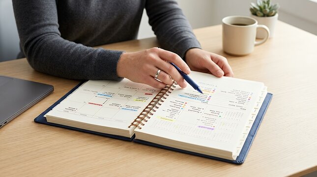 Person holding spiral bound annual planner for upcoming schedule organization time management and future event strategy on clean surface calendar planning schedule future date time management