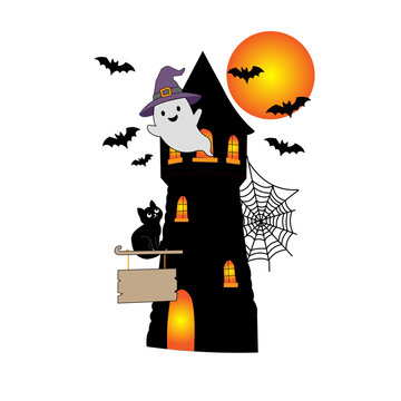 Halloween Haunted Castle with Ghost, Bats, Black Cat and Spider Web Vector Illustration.