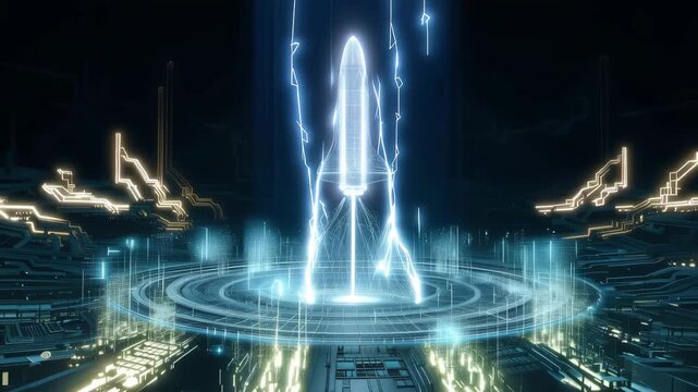 Futuristic digital rocket launch with glowing circuit network and holographic technology