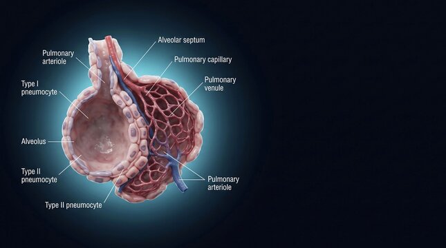 Detailed anatomical illustration showing human lung alveoli and pulmonary structures