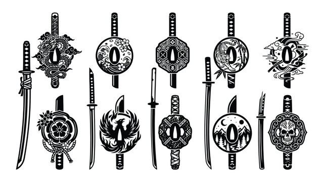 Katana sword collection with ornate tsuba handguards featuring mythological creatures