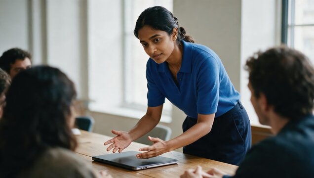 Generative AI, Woman leading a discussion with colleagues in a meeting room