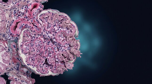 Highly detailed cross-section view of kidney nephron tissue under microscope