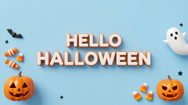 Halloween greeting card with pumpkins, ghost, and festive text on teal background