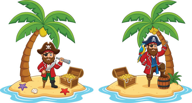 Cute Pirate Cartoon Characters on Desert Island with Treasure Chest Palm Tree Spyglass Parrot and Gold Coins for Kids Adventure Game Vector Illustration