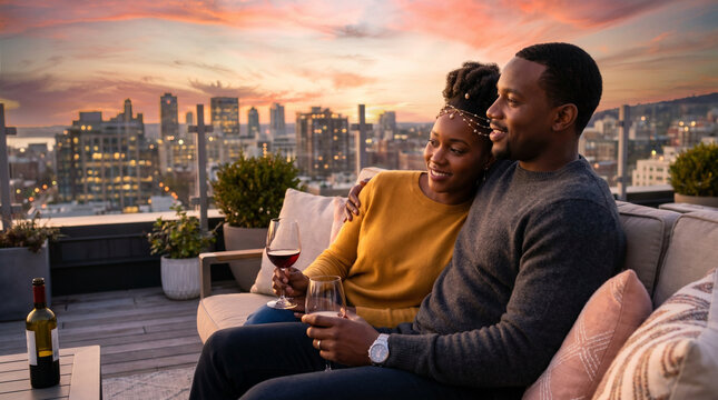African American couple enjoying red wine on a rooftop at sunset