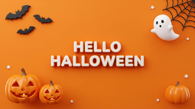 Halloween flat lay greeting with pumpkins, ghost, and autumn leaves on orange background