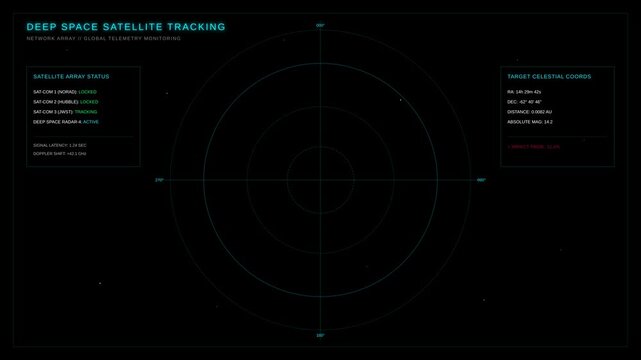 Futuristic Deep Space Satellite Tracking Interface Displaying Radar Scan and Celestial Coordinates