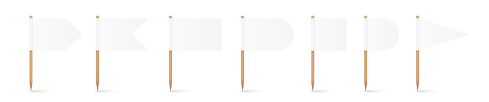 Paper food flags mockup set. White cake flags on wooden toothpick. 3D small cake topper for birthday party, wedding celebration or promotional event. Realistic vector illustration.