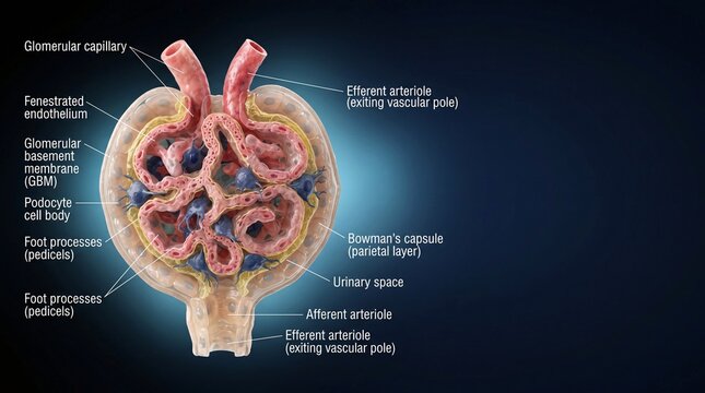 Anatomical illustration showing detailed structure of a nephron with labeled parts