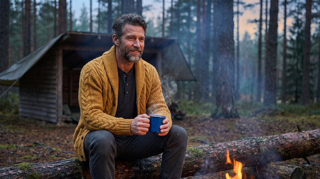 A rugged mature man with a grey beard sits on a log near a crackling campfire, holding a steaming blue mug of coffee at a wilderness campsite next to a rustic wooden shelter during an outdoor hike.
