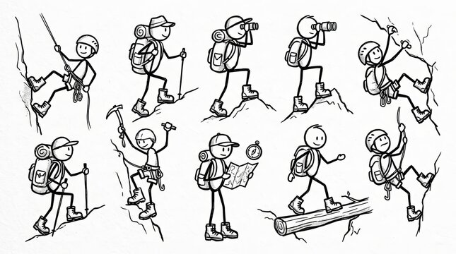 Cartoon Hikers Climbing Mountains and Exploring Outdoors.