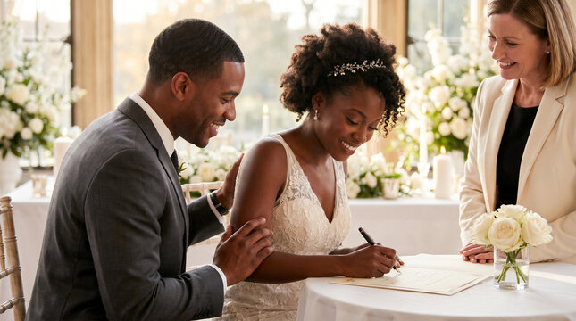 African American couple joyfully signing marriage certificate in a floral decorated venue