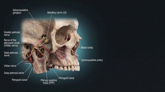 Anatomical illustration showing human skull with labeled nerves and canals