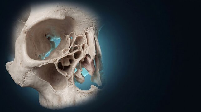 Detailed view of human skull anatomy with intricate bone structure and sinus cavities highlighted against dark background