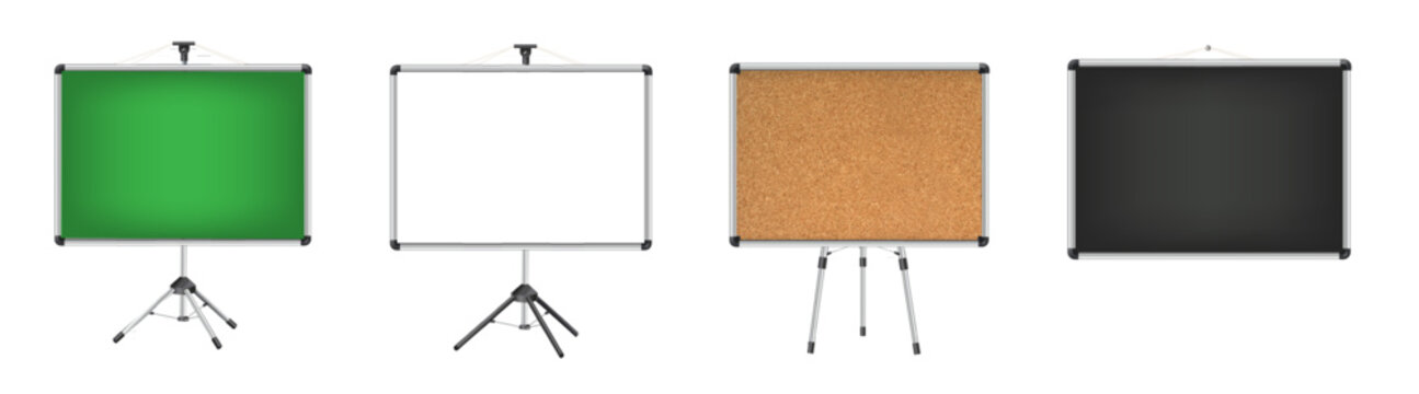 Realistic set of blank whiteboards in square and rectangular shapes, isolated on a transparent background.