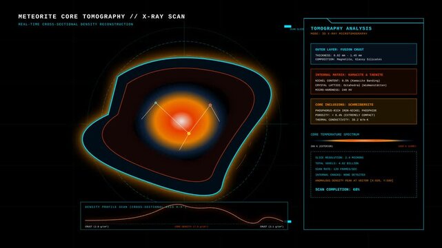 Futuristic Sci-Fi Meteorite Core Tomography X-ray Scan Diagnostic Visualization Interface Display