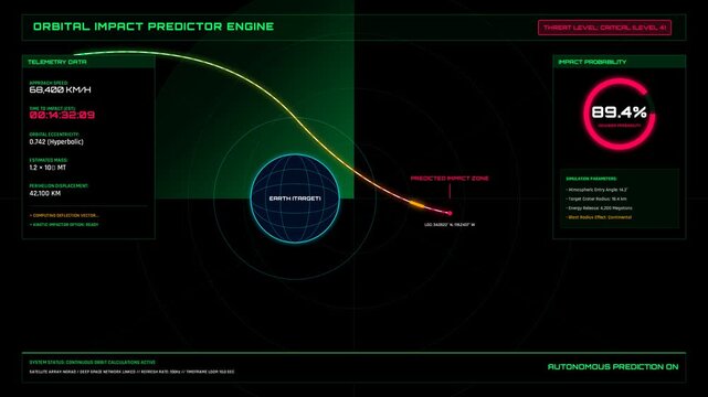 Futuristic SciFi Orbital Impact Predictor HUD Display Interface Animation with Telemetry Data