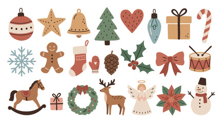 Fototapeta premium Charming collection of various Christmas and winter holiday themed flat illustrations, including ornaments, a gingerbread man, and a snowman, isolated on a clean white background